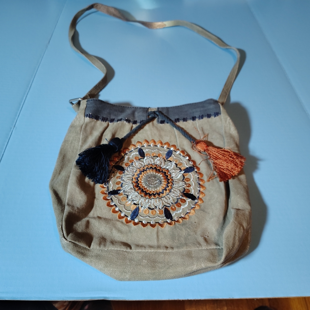 Embroidered Tan Shoulder Bag with Tassels